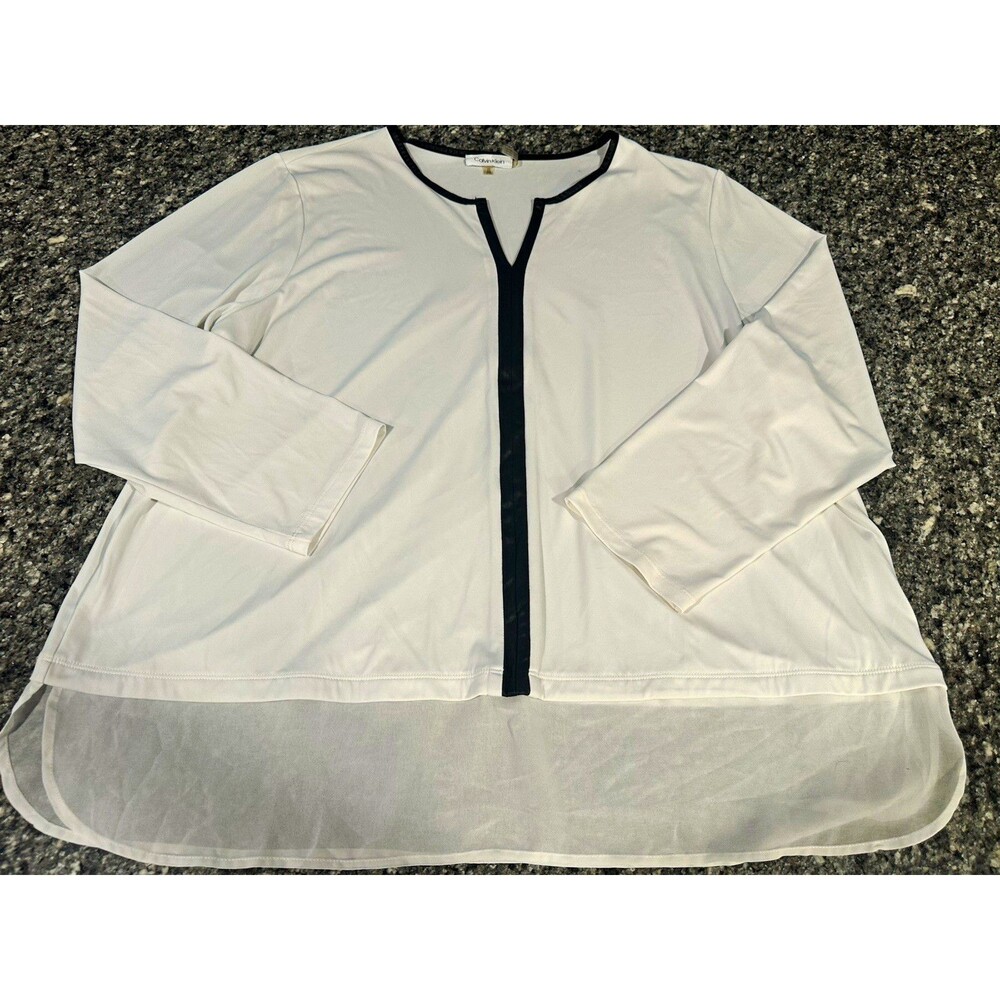 Calvin Klein 2X White & Black Trim Hi-Low Blouse